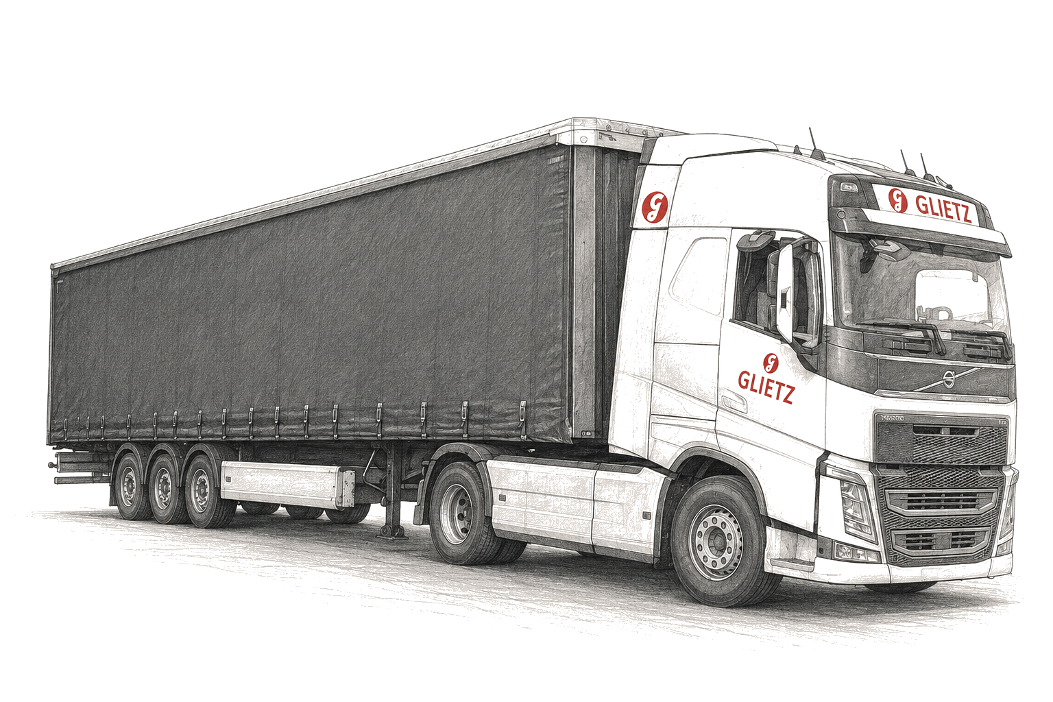 Glietz Volvo Sattelzug als Zeichnung mit neutralem Auflieger